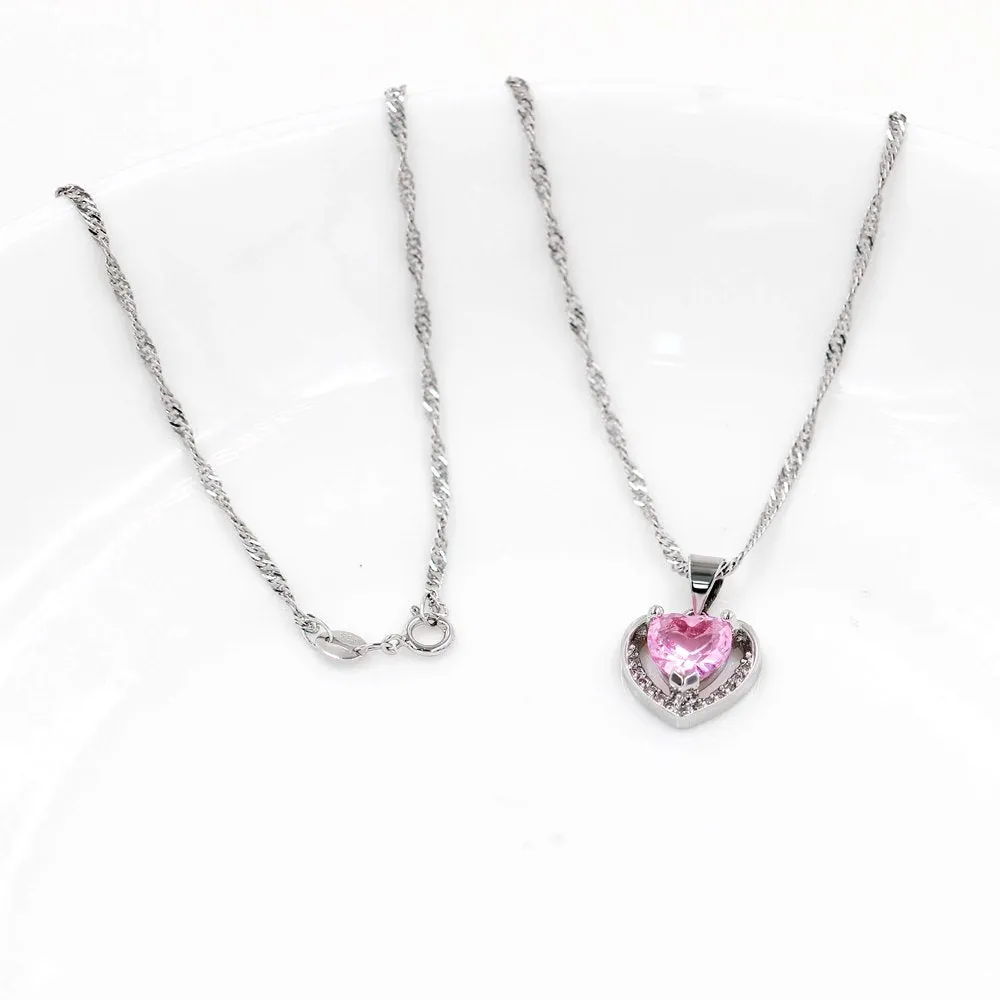 Womens Pink CZ Crystal Double Heart Pendant Necklace Wedding Valentines Jewelry Gifts for Daughter Girlfriend Best Friend (Pink)