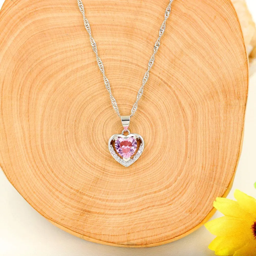 Womens Pink CZ Crystal Double Heart Pendant Necklace Wedding Valentines Jewelry Gifts for Daughter Girlfriend Best Friend (Pink)