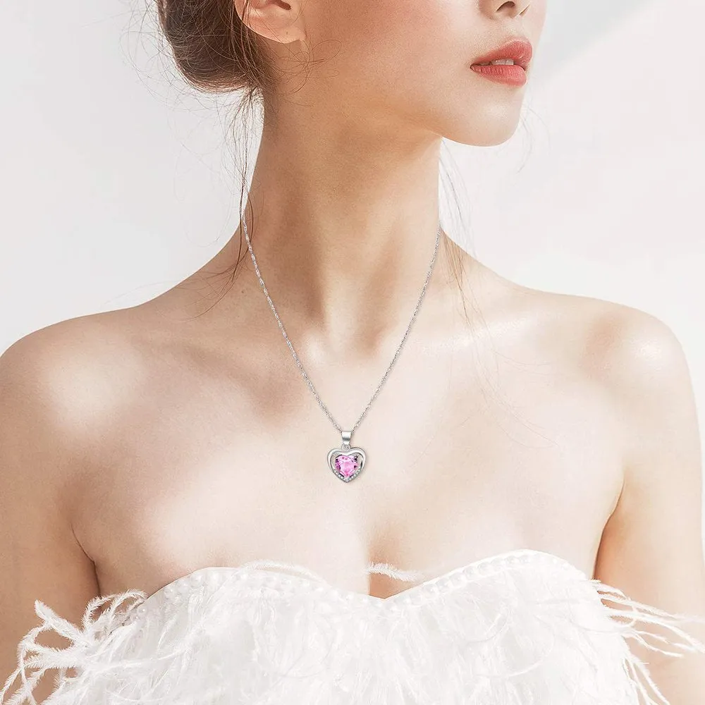 Womens Pink CZ Crystal Double Heart Pendant Necklace Wedding Valentines Jewelry Gifts for Daughter Girlfriend Best Friend (Pink)
