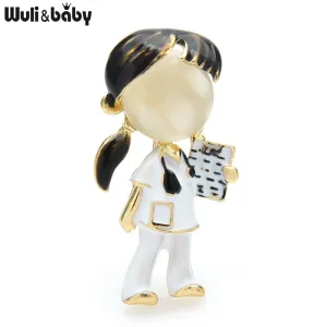 Wuli&amp;baby Black Brown Hair Doctor Nurse Brooches For Women Unisex Enamel Hospital Figure Party Office Brooch Pin Gifts