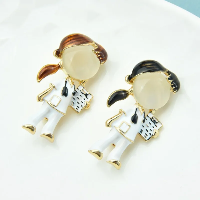 Wuli&amp;baby Black Brown Hair Doctor Nurse Brooches For Women Unisex Enamel Hospital Figure Party Office Brooch Pin Gifts